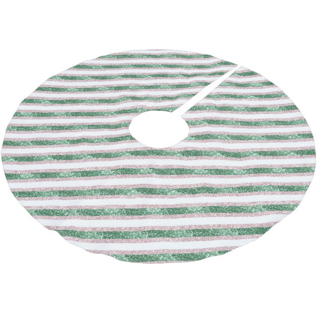 Blush Pink Green Glitter Stripes Christmas   Julgransmatta Borstad Polyester (Vinklad)