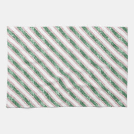 Blush Pink Green Glitter Stripes Christmas   Kökshandduk