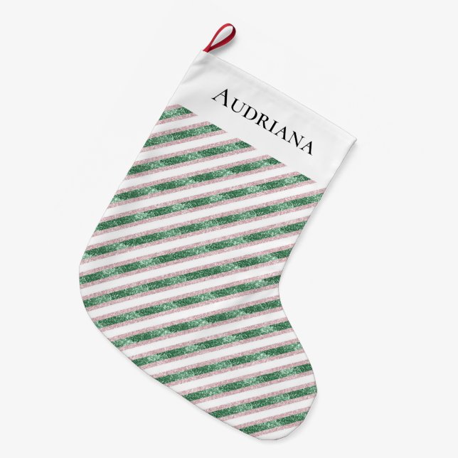 Blush Pink Green Glitter Stripes Christmas   Stor Julstrumpa (Framsidan (Hängande))