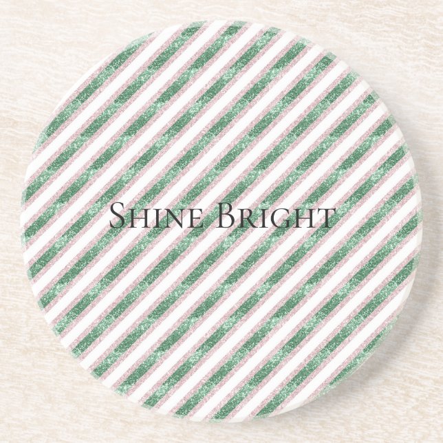 Blush Pink Green Glitter Stripes Christmas   Underlägg (Framsidan)