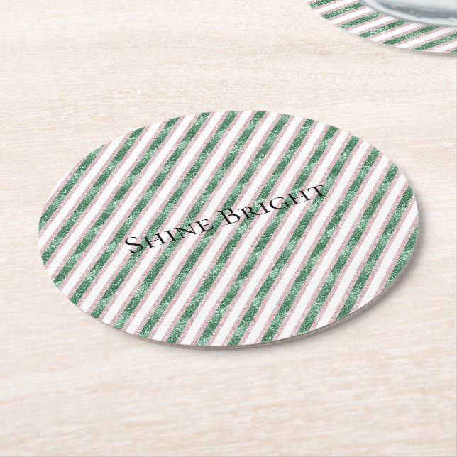 Blush Pink Green Glitter Stripes Christmas   Underlägg Papper Rund (Vinklad)