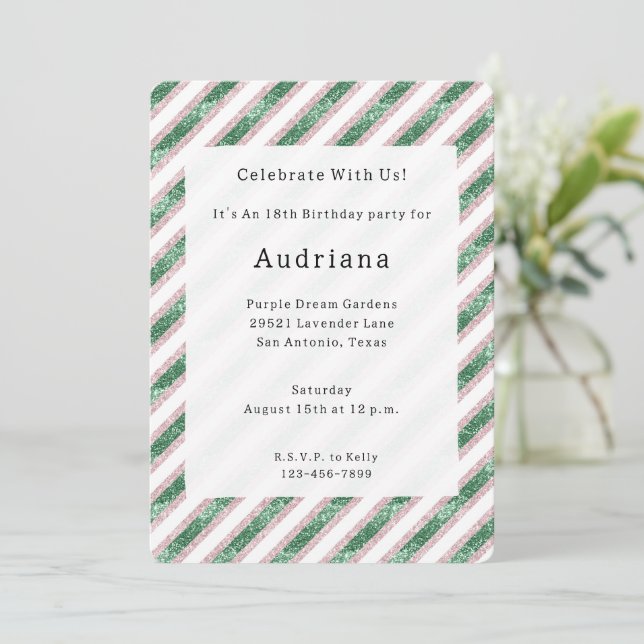 Blush Pink Green Glitzy Glam Chic Stripes Birthday Inbjudningar (Stående Fram)
