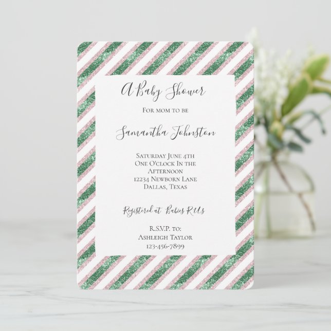 Blush Pink Green Glitzy Glam Stripes Baby Shower Inbjudningar (Stående Fram)