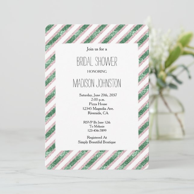 Blush Pink Green Glitzy Glam Stripes Bridal Shower Inbjudningar (Stående Fram)