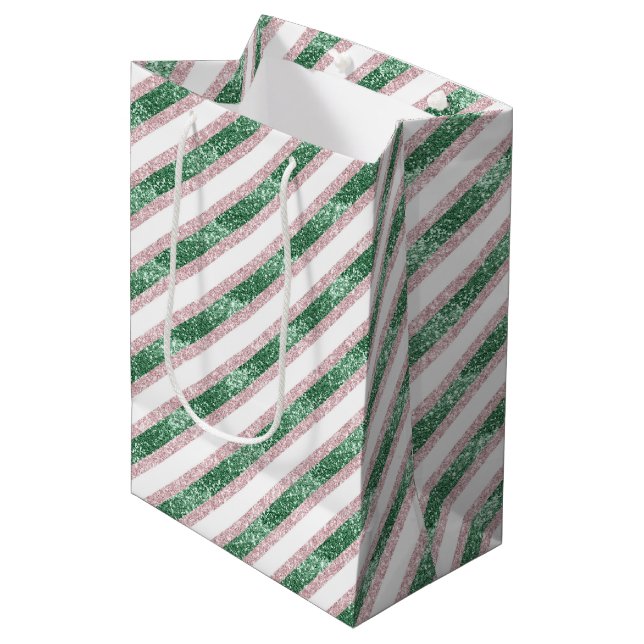 Blush Pink Green Glitzy Stripes Christmas (Framsidan Vinklad)