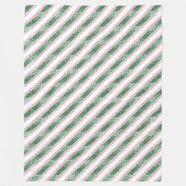 Blush Pink Green Glitzy Stripes Christmas Fleecefilt (Framsidan)