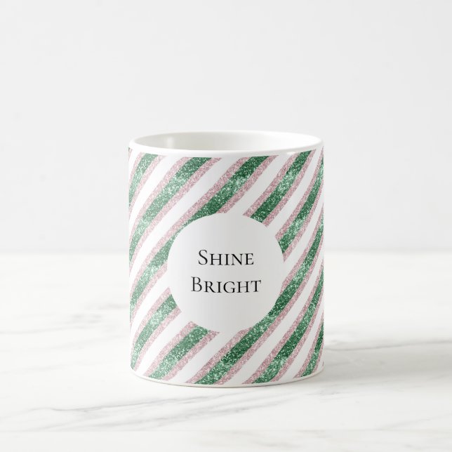 Blush Pink Green Glitzy Stripes Christmas Kaffemugg (Center)