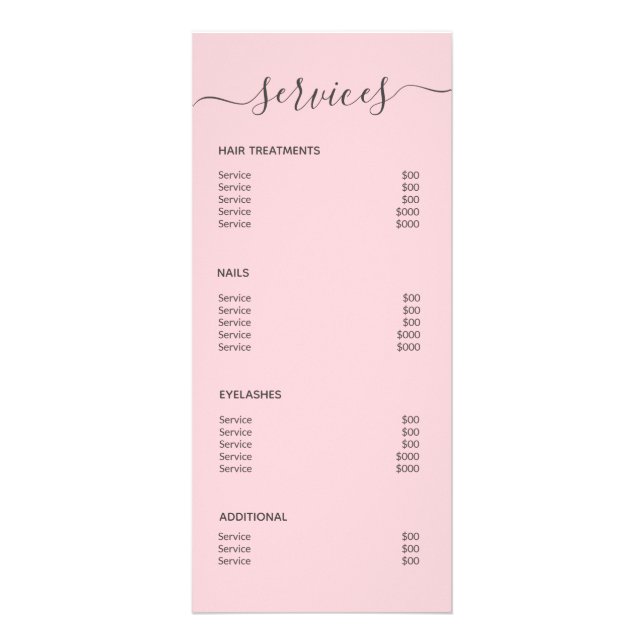 Blush Pink Hair Salon Makeup Artist Service Menu Reklamkort (Baksidan)