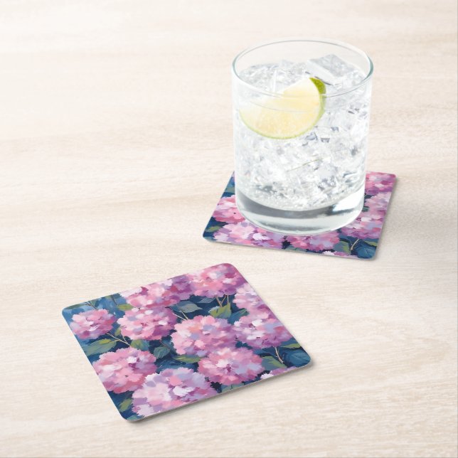 Blush Pink Hydrangeas Floral Underlägg Papper Kvadrat (Insitu)