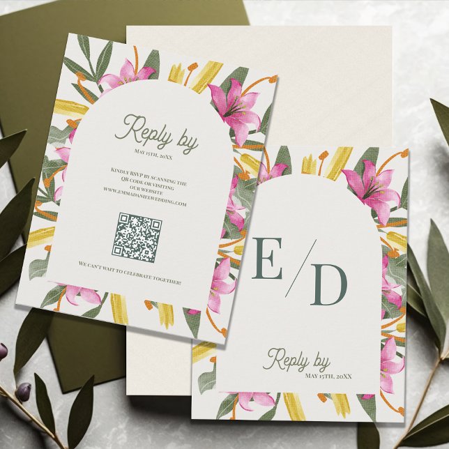 Blush Pink Lily Arched RSVP Card with QR Code OSA Kort (Blush Pink Lily Arched RSVP Card with QR Code | Romantic Botanical Floral Arch Wedding Response Card)