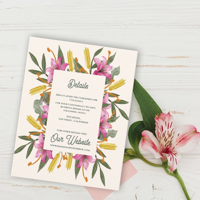 Blush Pink Lily Botanical Wedding Information Tilläggskort (Blush Pink Lily Botanical Wedding Details Card | Romantic Watercolor Floral Information Insert Card)