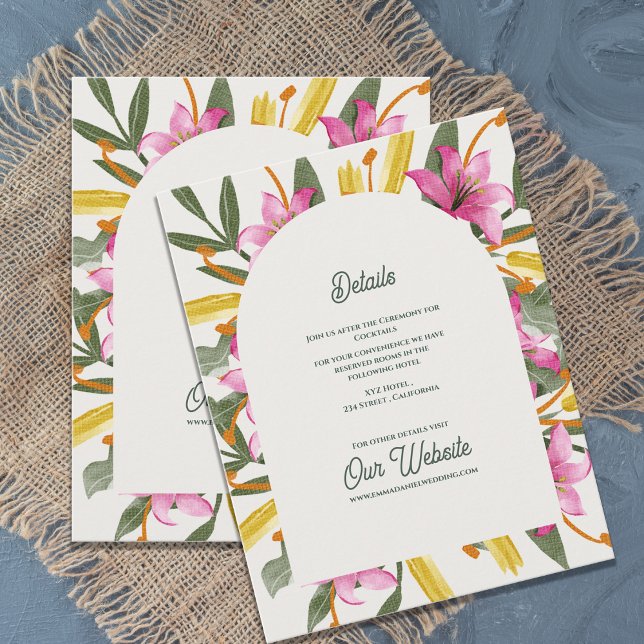 Blush Pink Lily Floral Arched Wedding Details Tilläggskort (Blush Pink Lily Arched Wedding Details Card | Romantic Botanical Floral Arch Garden Wedding Insert)