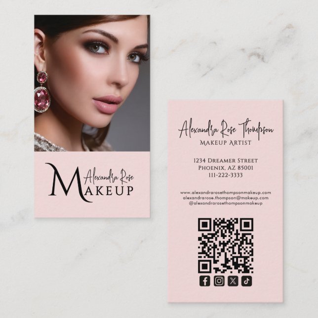 Blush Pink Makeup Artist Qr Code Social Icon Visitkort (Fram/baksida)
