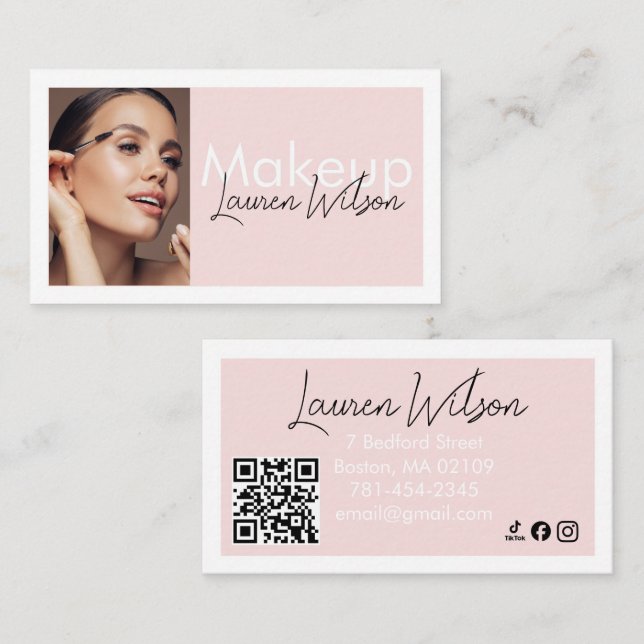  Blush Pink Makeup & Beauty Photo Business Card Visitkort (Fram/baksida)