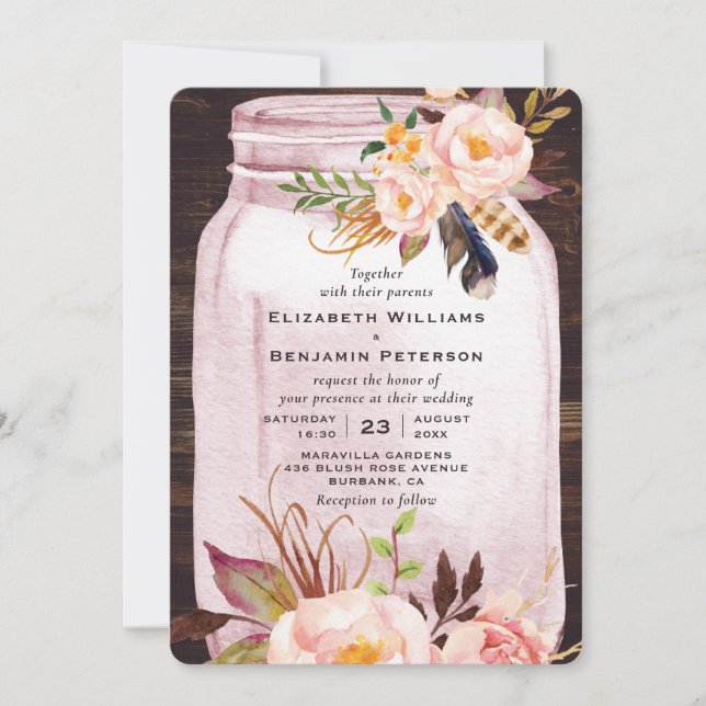 Blush Pink Mason Jar Feather Floral Wedding Inbjudningar (Framsida)