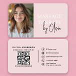 Blush Pink Massage Therapist QR Code Visitkort<br><div class="desc">Promote your wellness services with this massage therapist QR code blush pink photo business card. The soft blush pink color creates a calming, welcoming feel while the photo layout adds a personal touch. An integrated QR code allows clients to easily access booking links, service menus, or social media. Designed for...</div>
