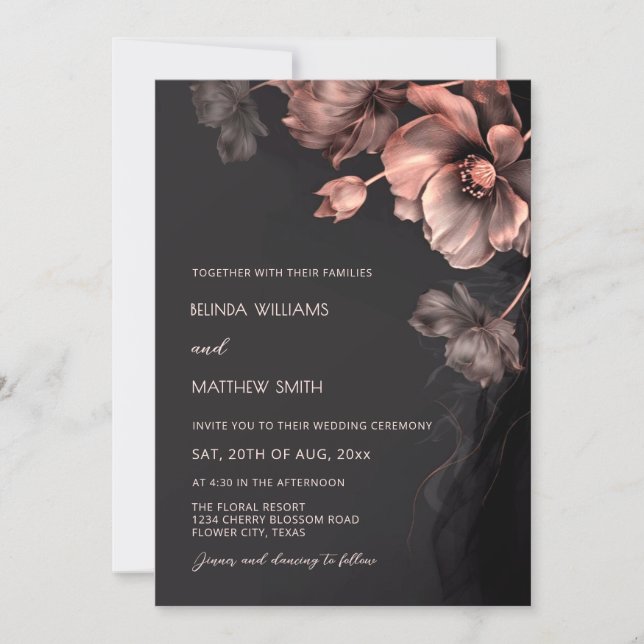 Blush Pink Metallic 3 D Flowers Wedding Invitation Inbjudningar (Framsida)