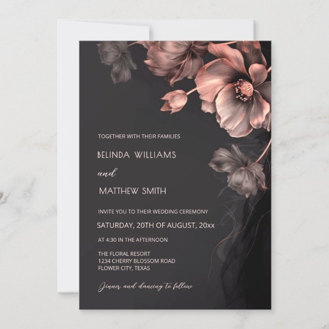 Blush Pink Metallic 3 D Flowers Wedding Invitation Inbjudningar (Framsida)