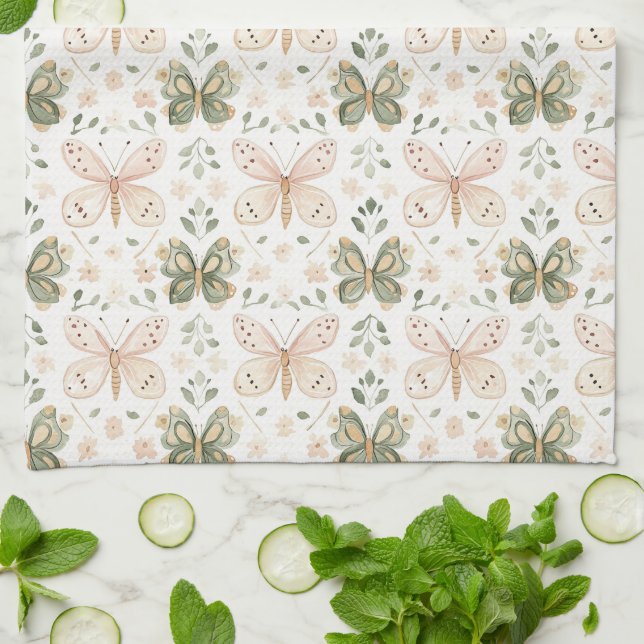 Blush Pink Mint Green Butterfly Kökshandduk (Vikta)