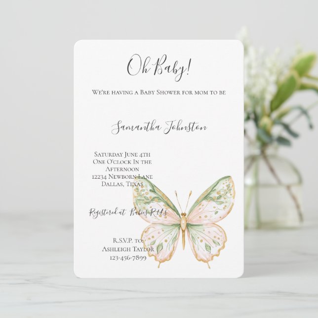 Blush Pink Mint Green Gold Butterfly Baby Shower  Inbjudningar (Stående Fram)