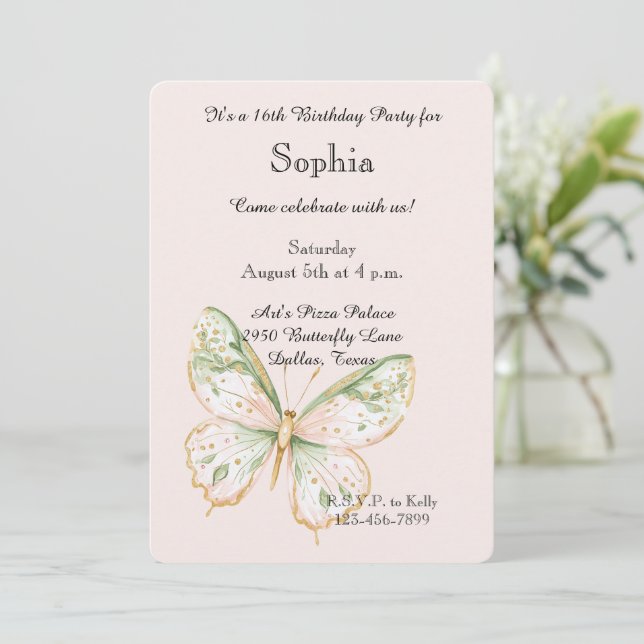 Blush Pink Mint Green Gold Butterfly Birthday Inbjudningar (Stående Fram)