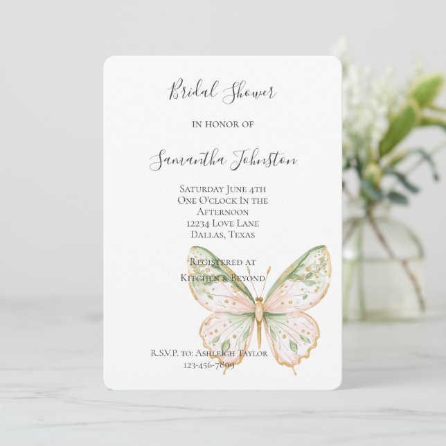 Blush Pink Mint Green Gold Butterfly Bridal Shower Inbjudningar (Stående Fram)