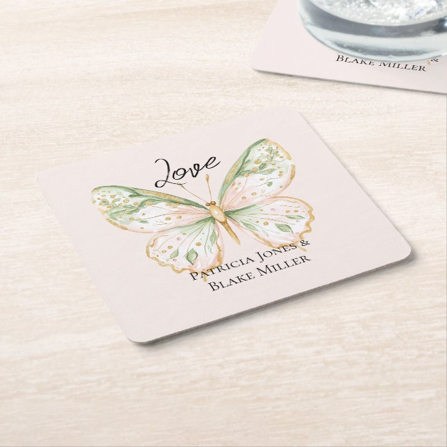 Blush Pink Mint Green Gold Butterfly Wedding Underlägg Papper Kvadrat (Vinklad)