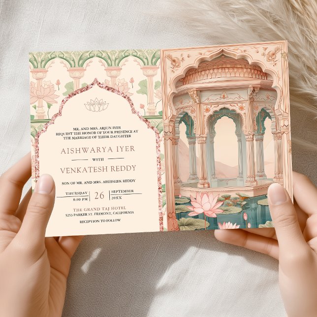 Blush Pink Mint Green Lotus Garden Indian Wedding Inbjudan (Skapare uppladdad)