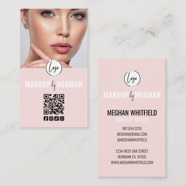 Blush Pink Modern Logo QR Code Photo Makeup Busine Visitkort (Fram/baksida)
