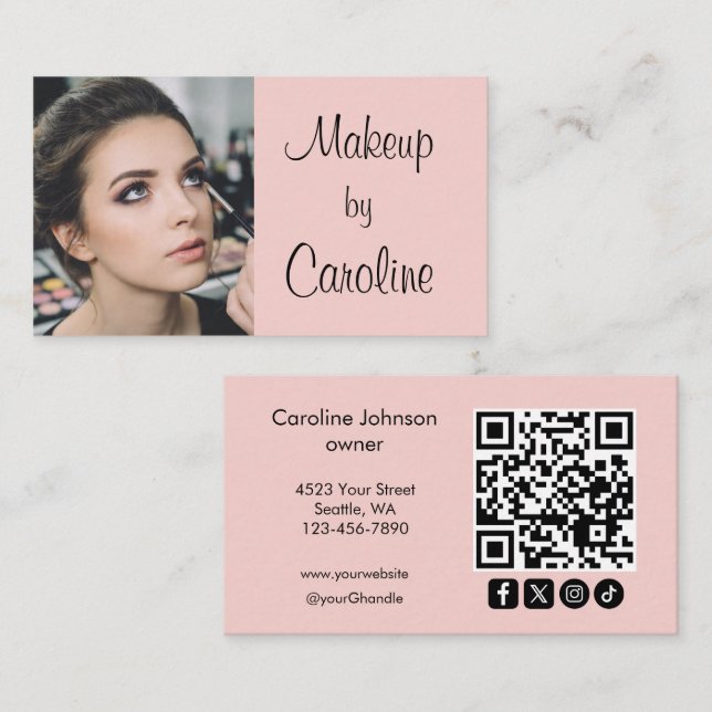 Blush Pink Modern Minimalist QR Code Photo Makeup  Visitkort (Fram/baksida)