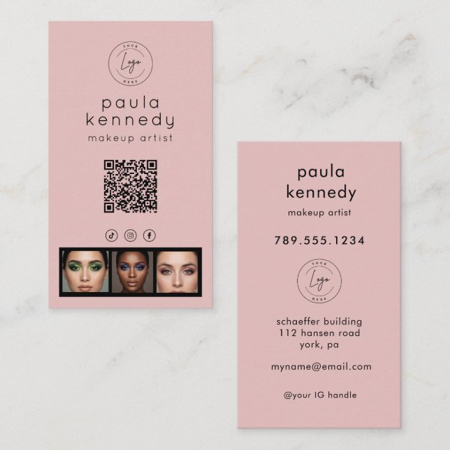 Blush Pink Modern Photo Logo QR Code Visitkort (Fram/baksida)