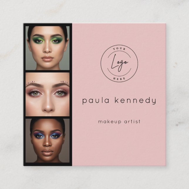 Blush Pink Modern Photo Makeup 3 Photo Square Fyrkantigt Visitkort (Framsida)