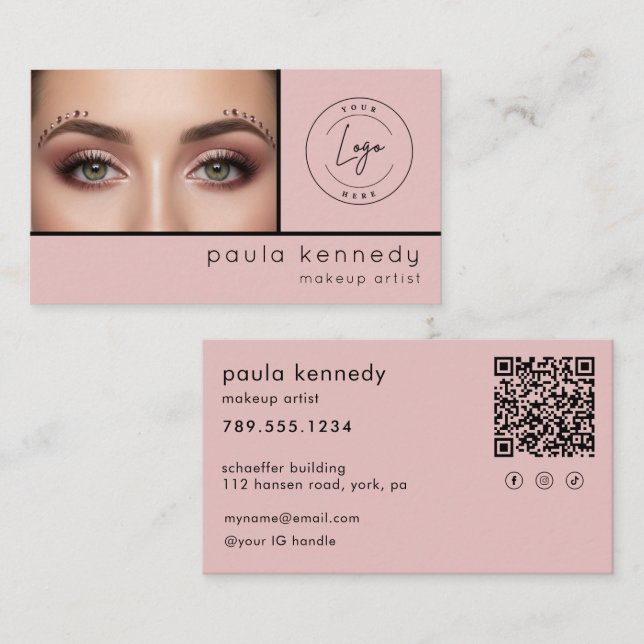 Blush Pink Modern Photo Makeup QR Code Visitkort (Fram/baksida)