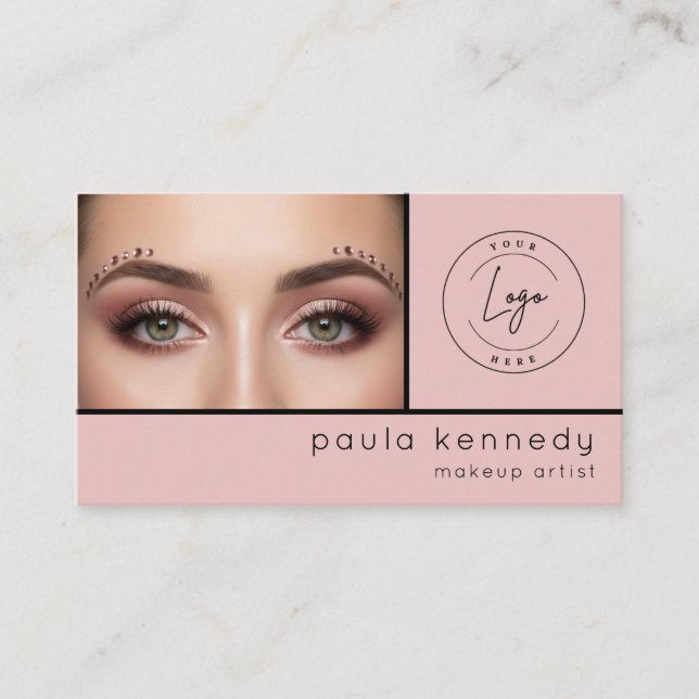 Blush Pink Modern Photo Makeup QR Code Visitkort (Framsida)