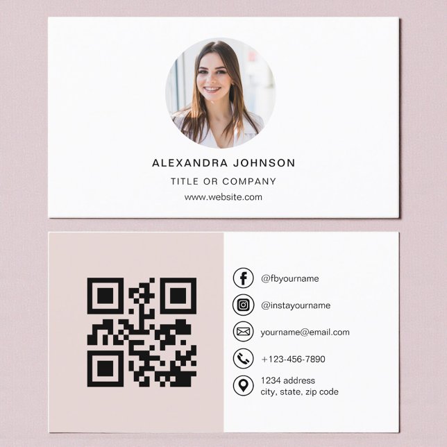 Blush Pink Modern Photo with QR Code Social Media Visitkort (Skapare uppladdad)