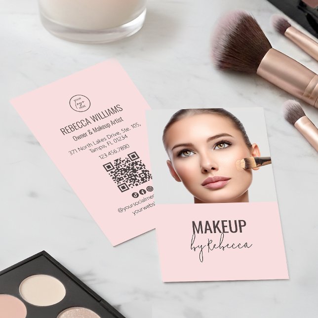 Blush Pink Modern Script Font QR Code Photo Makeup Visitkort (Modern blush pink photo business card with QR code for makeup and beauty professionals)