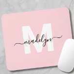 Blush Pink Modern Script Name Monogram<br><div class="desc">Personalized Blush Pink Initial Monogram Mouse Pad. Add a touch of elegance to your workspace with this stylish mouse pad. Featuring a soft blush pink background, a crisp white initial letter, and a sleek black script name, this design is perfect for anyone who loves a feminine and luxurious look. Ideal...</div>