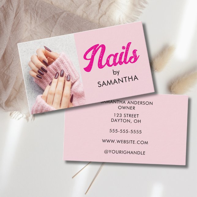 Blush Pink Modern Script Photo Nails Visitkort (Skapare uppladdad)
