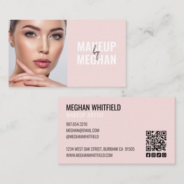 Blush Pink Modern Social Icon QR Code Photo Makeup Visitkort (Fram/baksida)