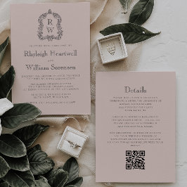 Blush Pink Monogram Crest QR Code Wedding Inbjudningar