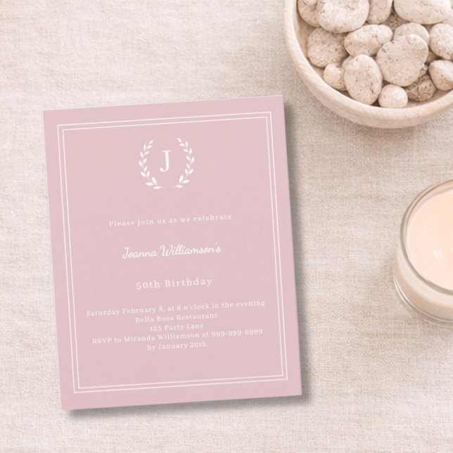 Blush pink monogram wreath birthday invitation (Skapare uppladdad)