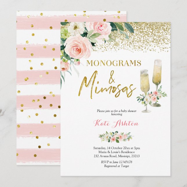 Blush Pink Monograms and Mimosas Bridal Shower Inbjudningar (Fram/baksida)