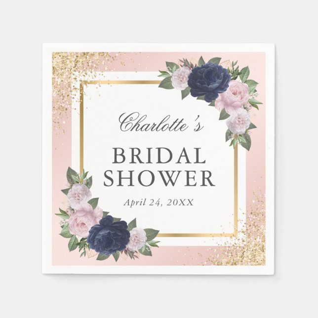 Blush Pink Navy Blue Gold Floral Bridal Shower Pappersservett (Framsidan)