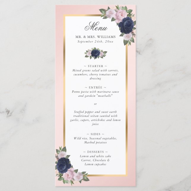 Blush Pink Navy Blue Gold Floral Wedding Meny (Framsida)