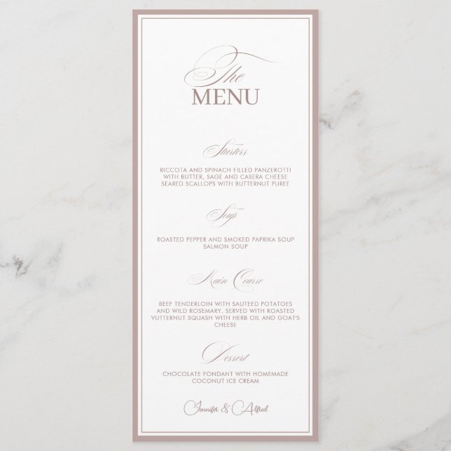 Blush Pink Old Money Wedding Dinner Menu Card Meny (Framsida)