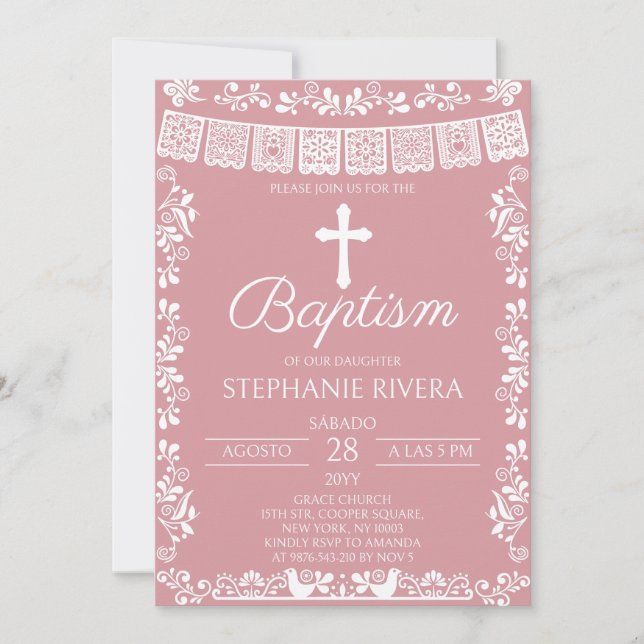 Blush Pink Papel Picado Baptism Inbjudningar (Framsida)