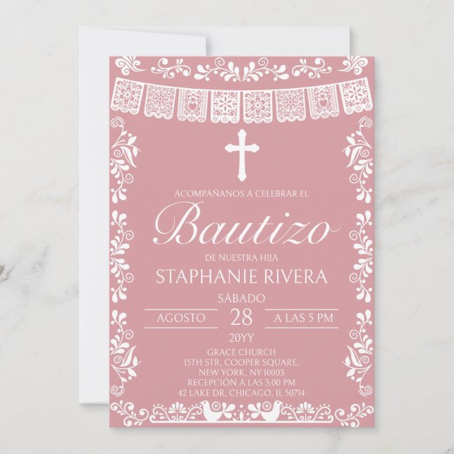 Blush Pink Papel Picado Spanish Bautizo Inbjudningar (Framsida)