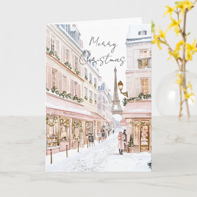 Blush Pink Paris Eiffel Tower Winter Christmas Kort (Gul blomma)