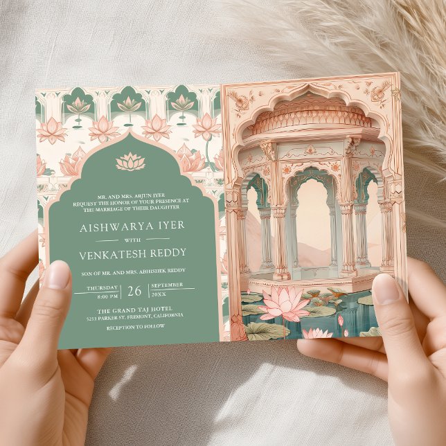 Blush Pink Pastel Green Lotus Pond Indian Wedding Inbjudan (Skapare uppladdad)