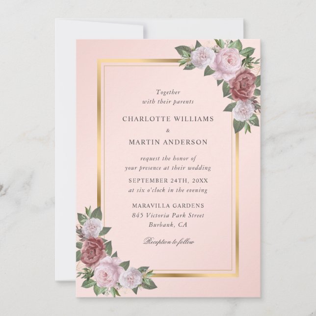 Blush Pink Peach Gold Floral Wedding Inbjudningar (Framsida)